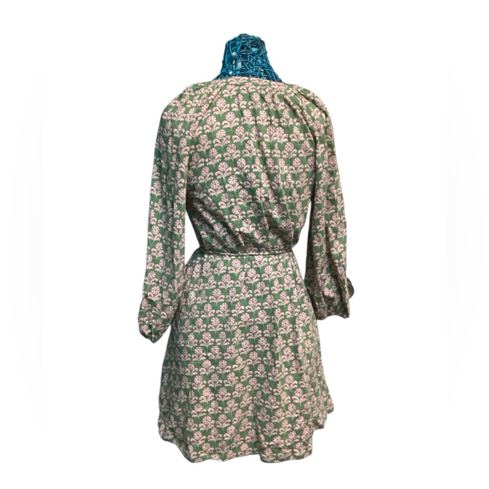 Boden Green & Pink Floral Print Fit & Flare Tie Waist Jersey‎ V Neck Mini Dress - Picture 5 of 8